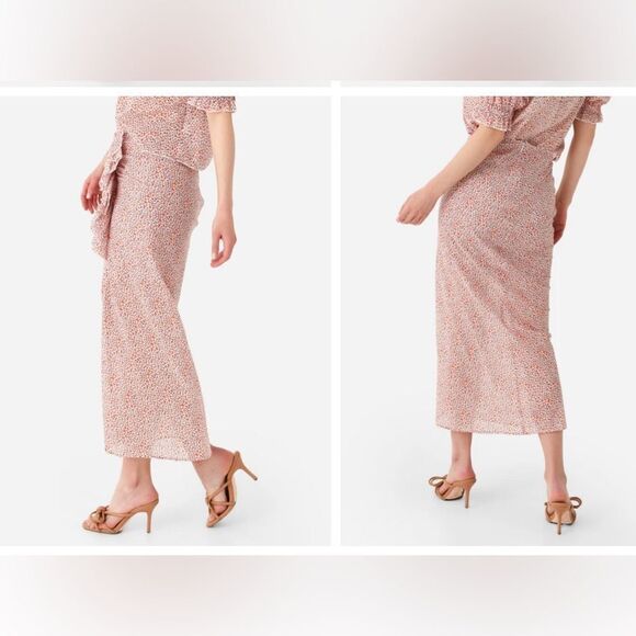 New Katharine Kidd Lilya White Orange Tulip Print Ruffle Front Slit Midi Skirt 4 - Picture 3 of 13